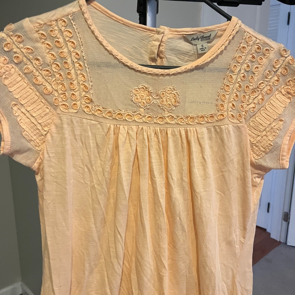 Lucky Brand Apricot Embroidered Short Sleeve Top